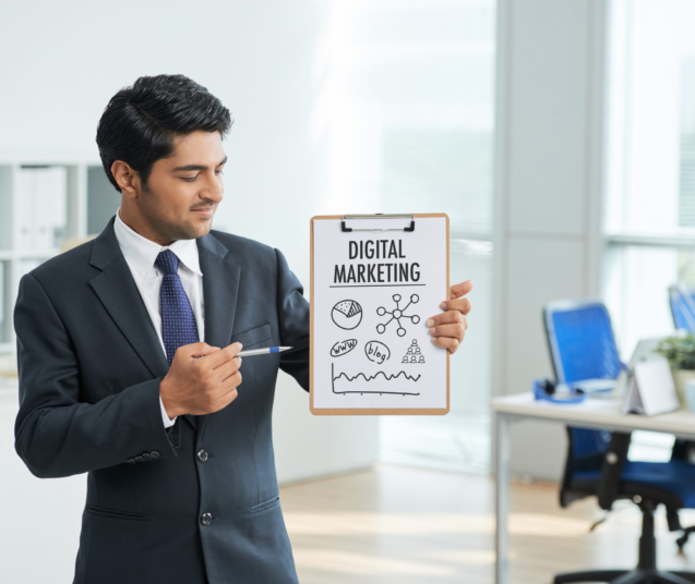 man-suit-standing-office-with-clipboard-pointing-poster-with-words